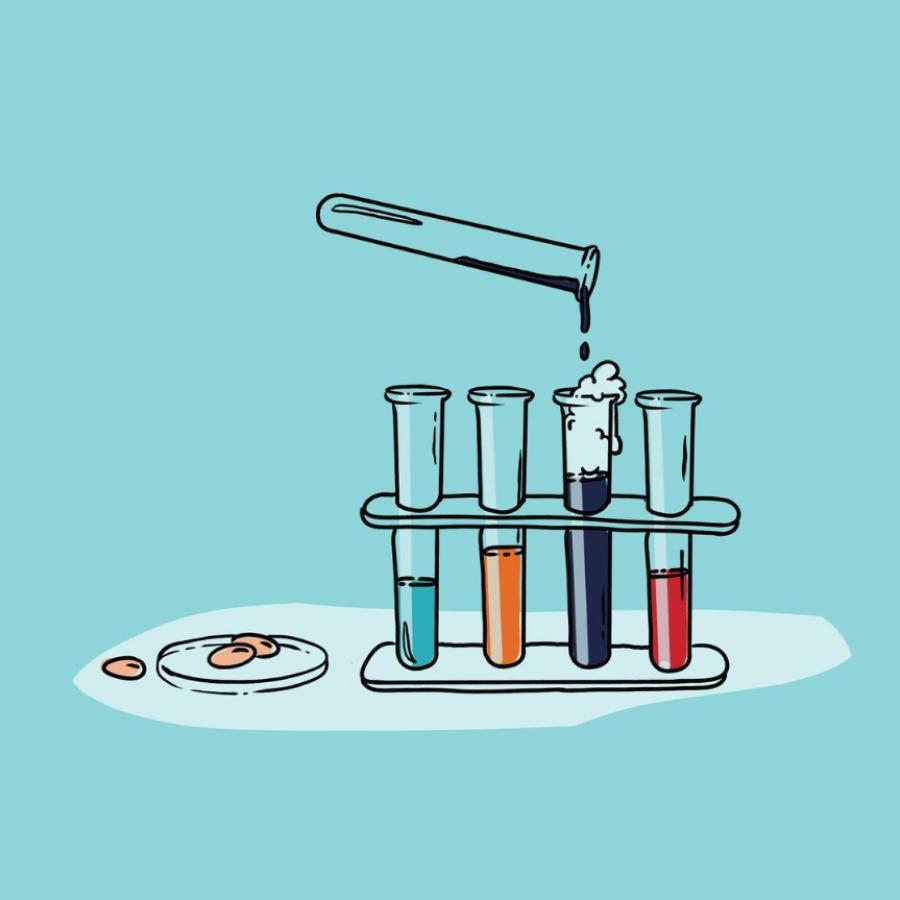 Dessin d'éprouvettes et des compléments alimentaires symbolisant la recherche scientifique.